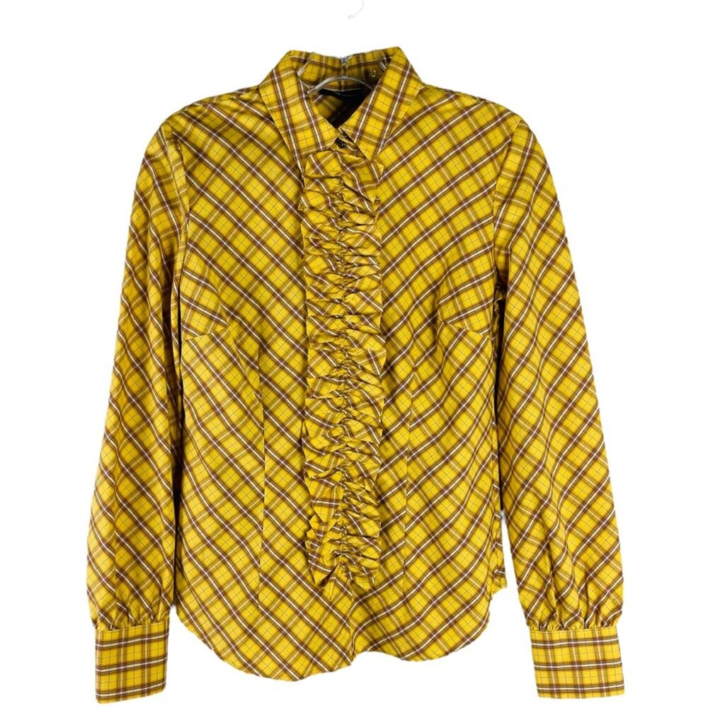 Vintage yellow brown plaid ruffle preppy 90s y2K light academia button top small